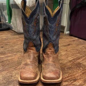 Tony Lama Brown Leather Boots with Navy Embroidered Shaft